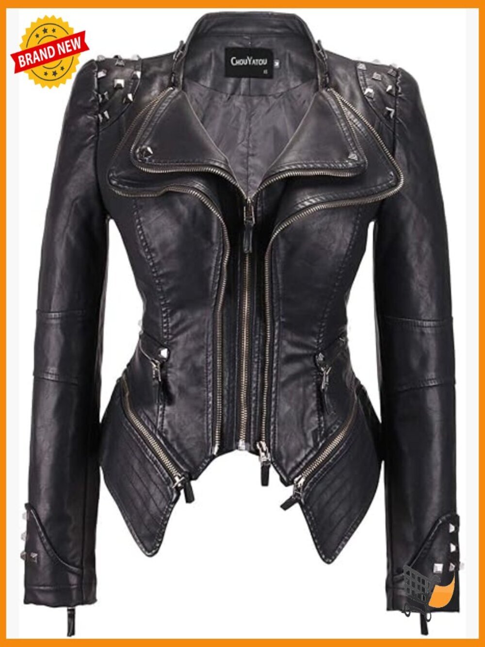 Faux Leather Biker Jacket with Metal Rivets, Perfectly Shaping, Adjustable Hem